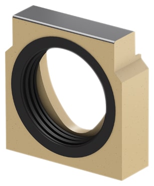 Isometric bearing housing: beige block with large circular bore and black inner race.