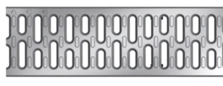 Close-up of a perforated metal plate with two evenly spaced rows of vertical, rounded slots in a repeating pattern.