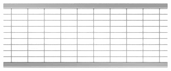 Metal wire grid panel with horizontal bars mounted between top and bottom rails (a safety or barrier fencing element)