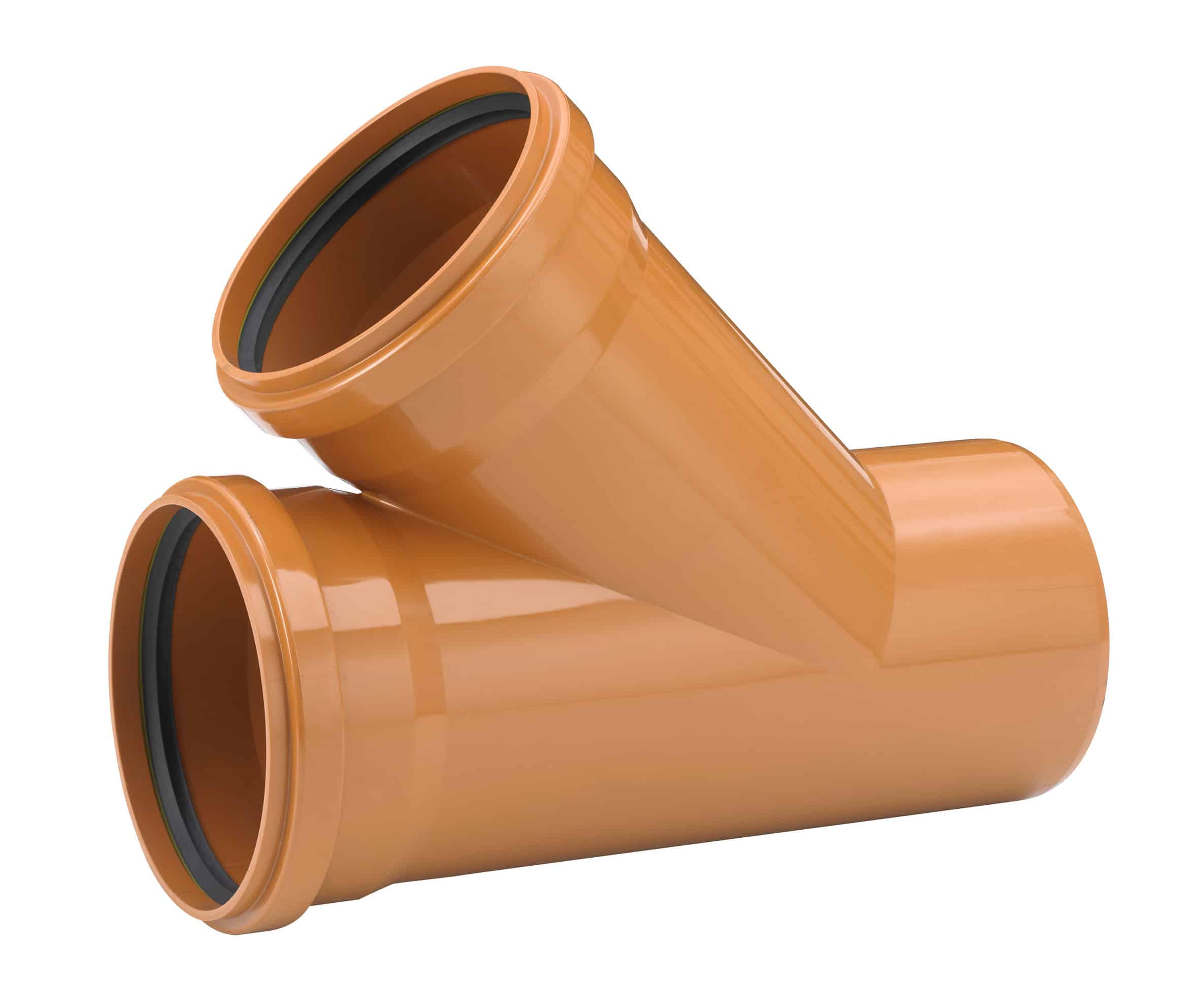 Orange PVC pipe tee/branch fitting with a side outlet and black gasket inside, shown at an angle