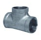 Galvanized metal T-shaped pipe fitting with three threaded openings for plumbing