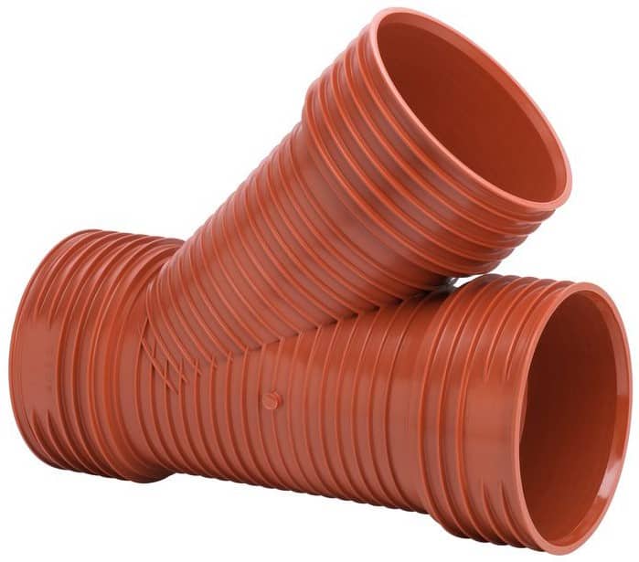Red corrugated plastic Y-connector pipe used for drainage or irrigation.