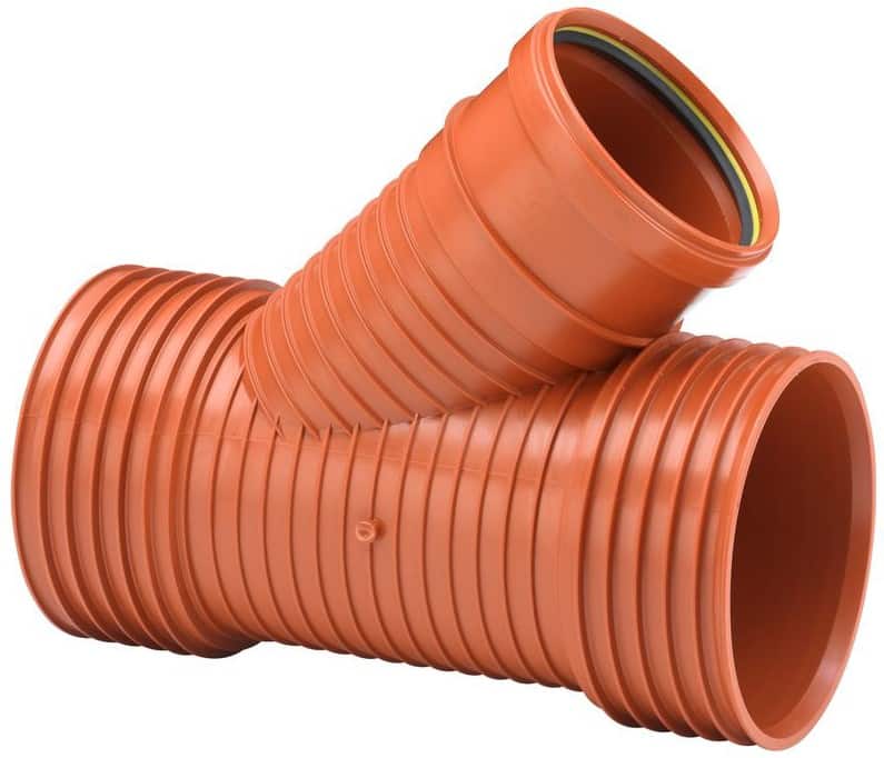 Orange corrugated plastic pipe elbow fitting (90-degree) with a rubber gasket visible at the top, used for drainage/plumbing connections.