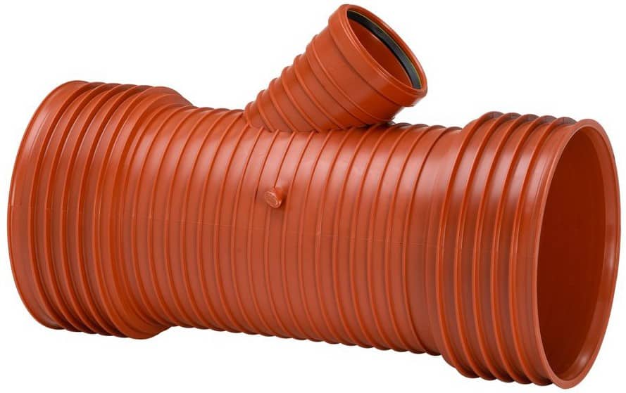 Orange corrugated plastic drainage pipe with a 45-degree elbow fitting