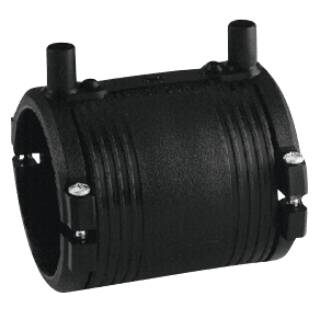 Black plastic pipe coupling with grooved exterior and two metal clamp screws, used to join hose or pipe sections.