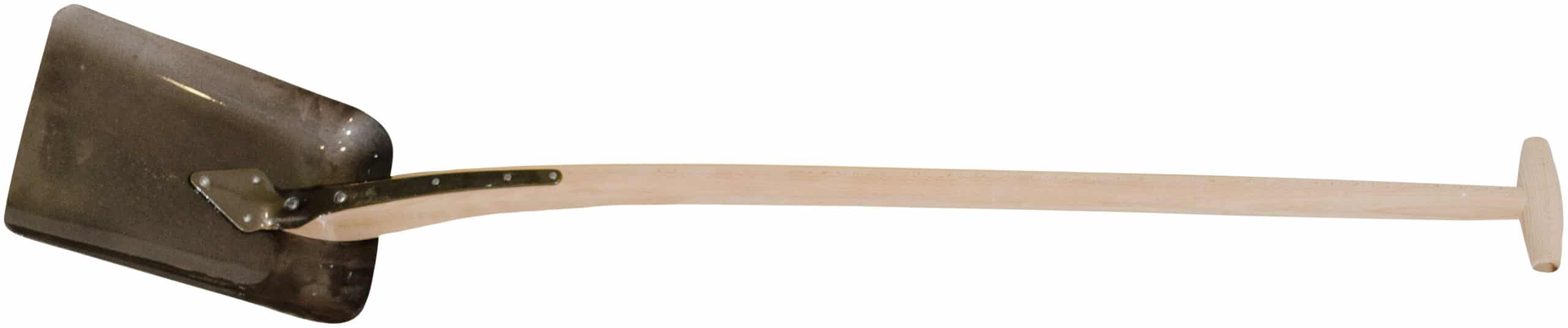 Shovel with a broad brown metal blade and long wooden handle on a white background.