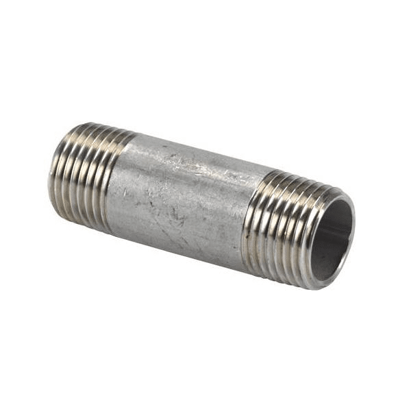 Short galvanized steel nipple with male threads on both ends for plumbing connections