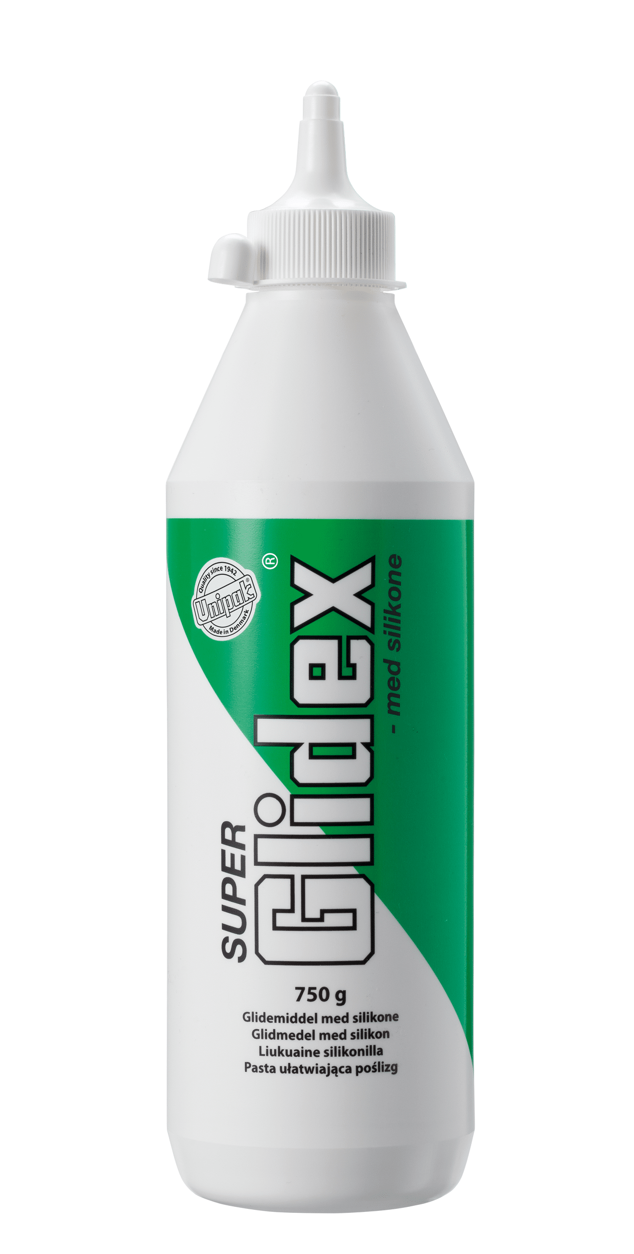 White squeeze bottle of glue with a green label, white cap and pointed dispensing nozzle, 750 g.