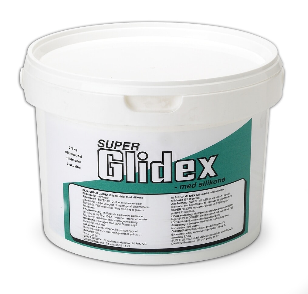 White plastic pail with a teal and white label reading 'Super GlideX med silikon' (silicone product)