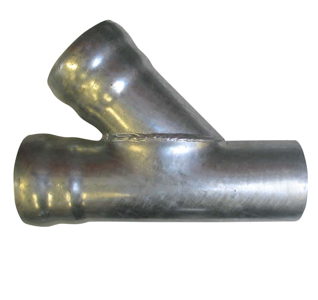 Welded metal elbow pipe fitting: two steel tubes joined at a 45-degree bend with a visible weld seam.