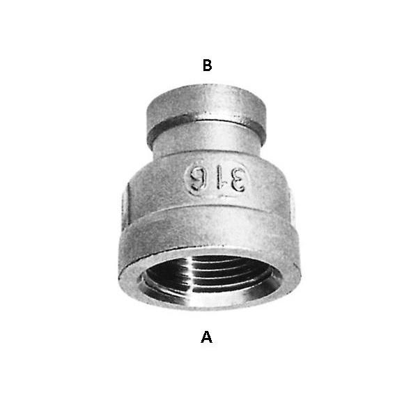 Metal cylindrical pipe coupling with internal threads, viewed from the side, labeled A (bottom) and B (top).
