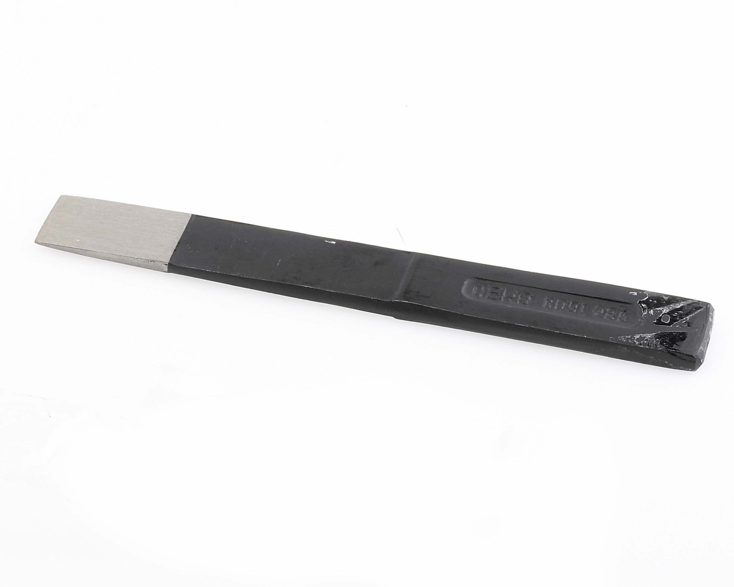 Close-up of a flat-metal chisel with a black handle on a white background.