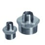 Two gray metal spacers (standoffs) with hollow centers, one short and one tall.