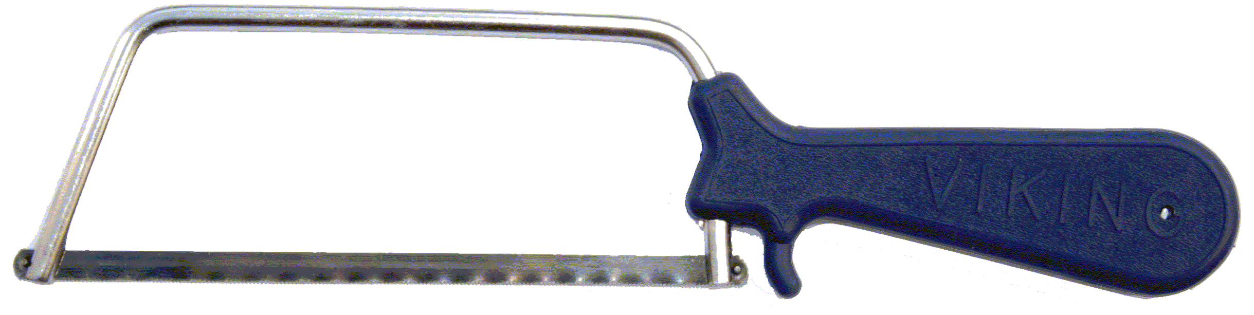 Coping saw with a blue plastic handle and a metal U-shaped frame for woodworking cuts