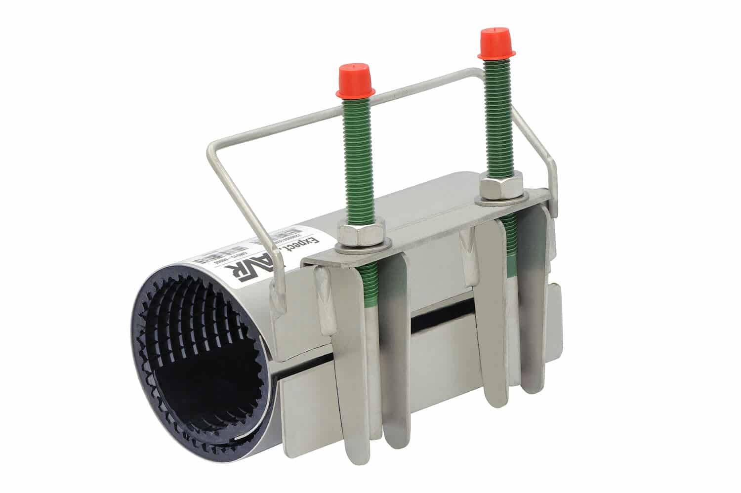 Industrial pipe clamp with two green adjustable screws and red end caps, securing a cylindrical metal conduit.