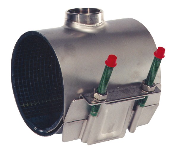 Metal pipe clamp with two green threaded bolts and red caps, used to secure a pipe or tube.