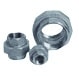 Three metal hex nuts of different sizes arranged together.