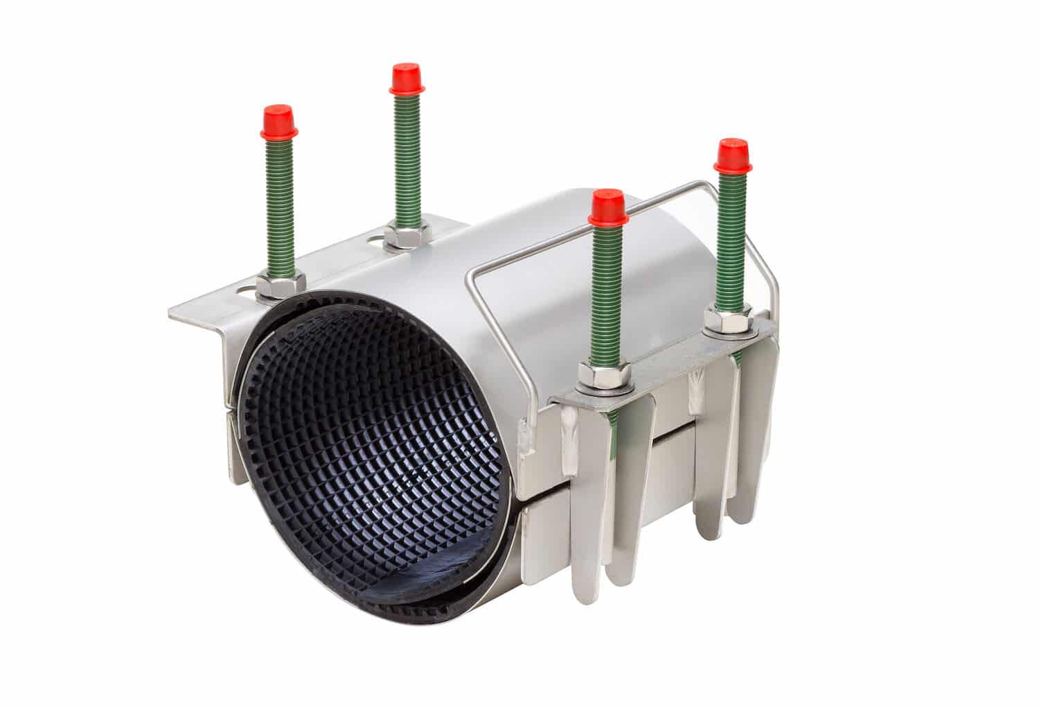 Industrial pipe coupling with four green threaded bolts and red caps clamping a cylindrical duct or sleeve.
