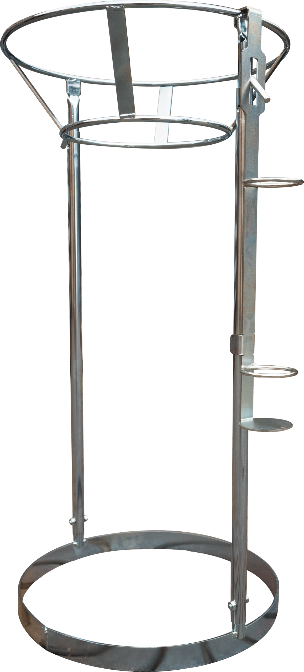 Tall chrome display stand with circular wire hoops for holding items, metal base ring at bottom, and side pegs/holders for accessories