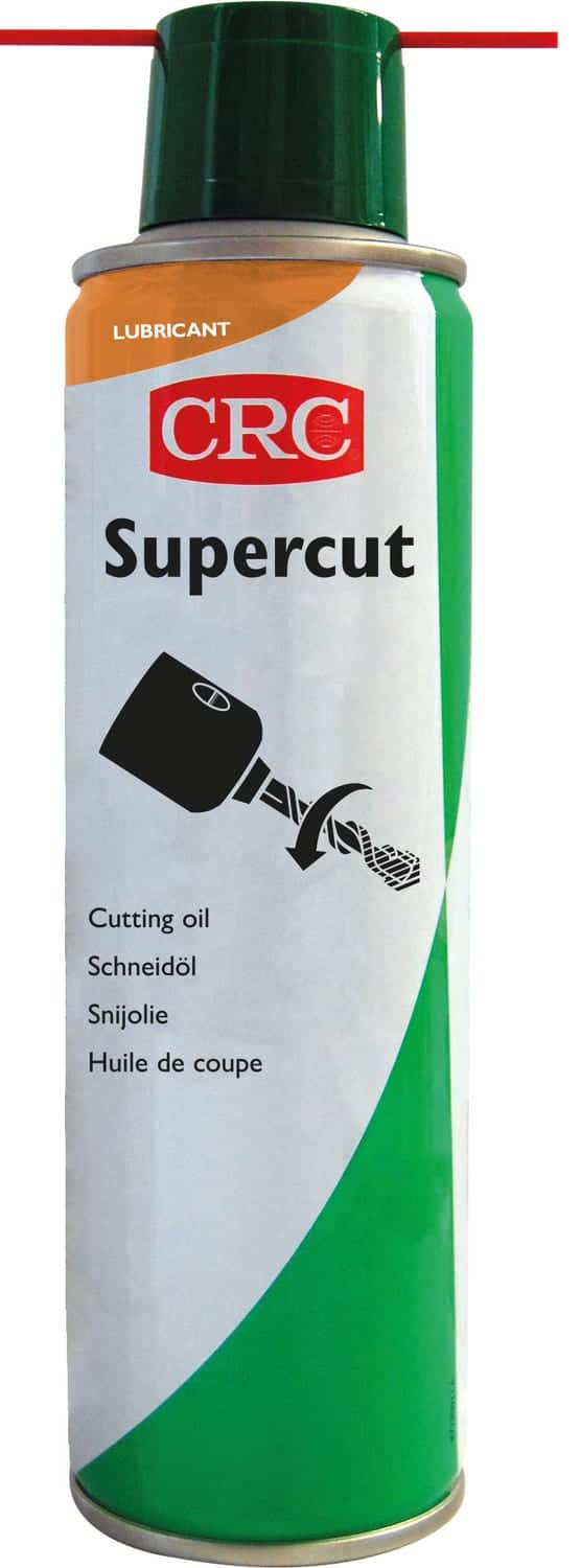 Green spray can labeled CRC Supercut cutting oil with a red nozzle, used for cutting lubrication
