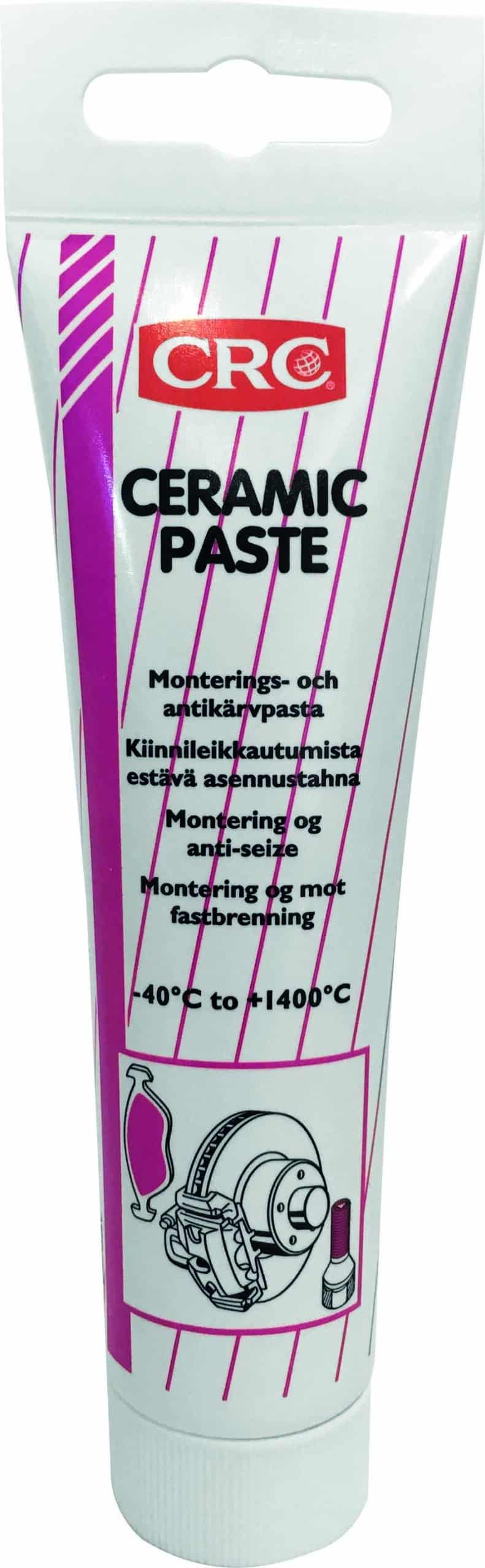 kg-1892654-1757760 » Kloakgods Tube of CRC Ceramic Paste with pink diagonal stripes and red CRC logo; contains multi-language usage instructions and a temperature range of -40°C to +1400°C.