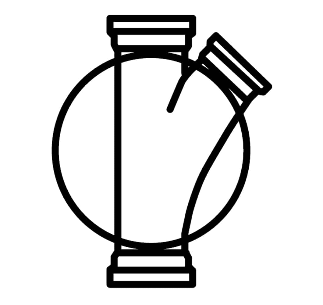 Abstract icon: a circle with a tall vertical bottle in front and a tilted bottle to the right, overlapping the circle.