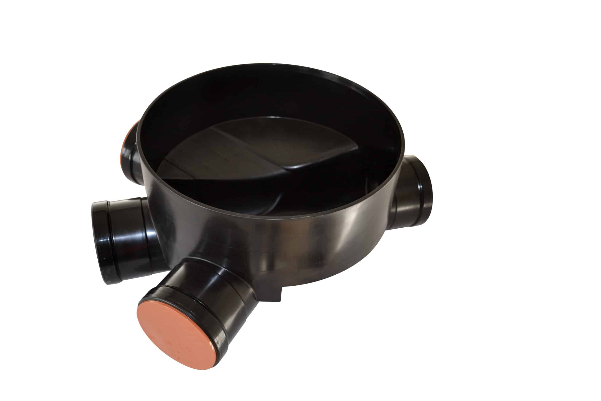 Black plastic duct elbow with an orange end cap, part of a ventilation system fitting