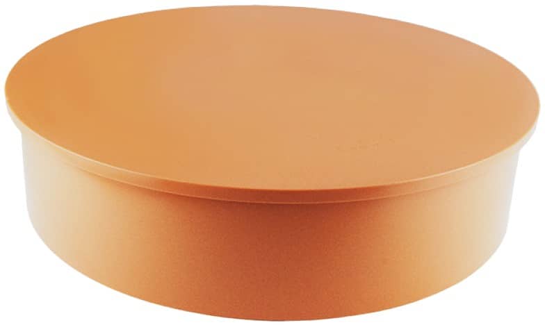 Round copper-colored baking pan with straight sides and removable base