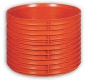 Orange plastic circular ring with evenly spaced horizontal ribs, resembling a ribbed spacer or coil for piping/drainage.