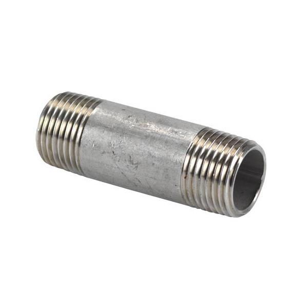 Metal double-ended threaded pipe nipple (short steel connector) used to join two female-threaded pipes