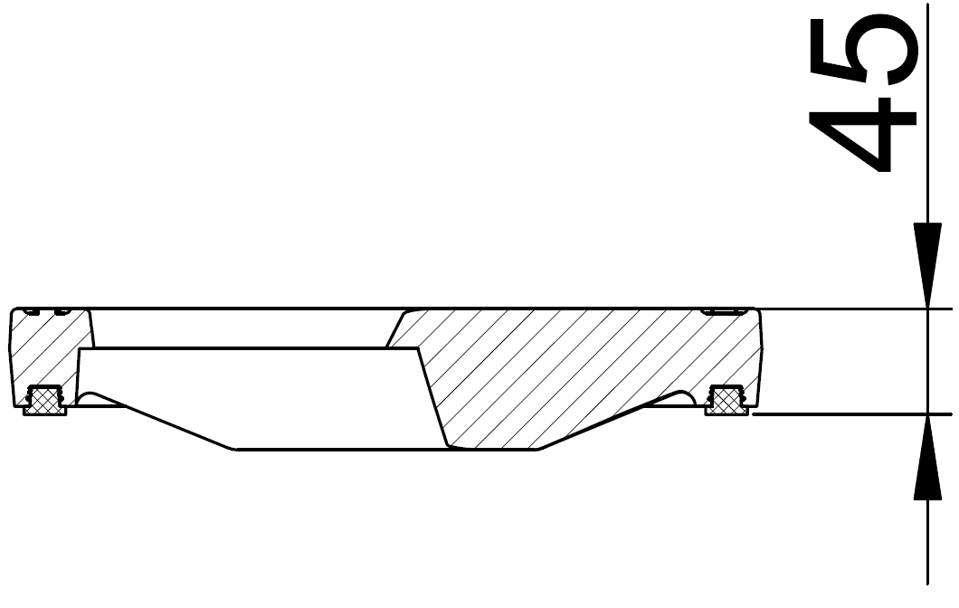 Cross-sectional view of a mechanical seal with a central raised wedge and end bolts, showing a hatched housing.