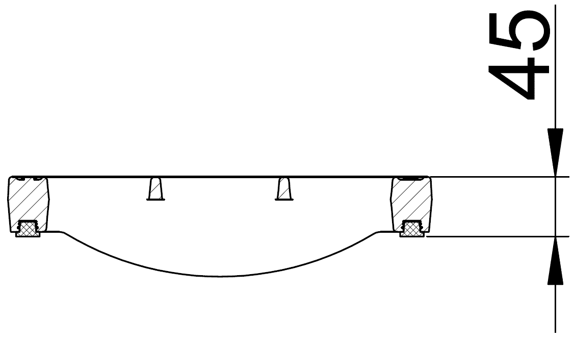 Cross-section of a curved trough supported at both ends with fasteners; shows a 45-unit vertical dimension.