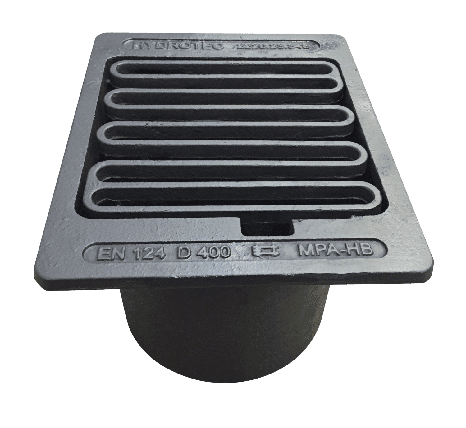 Metal floor drain cover with curved slats forming a vented grate for water drainage (rectangular frame)
