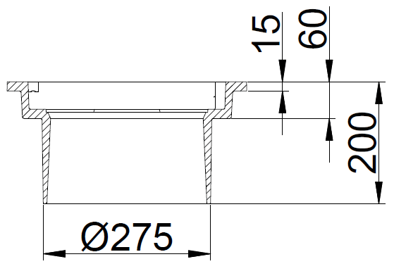 Cross-section view of a flanged cylindrical part: outer Ø275, total height 200, with a stepped flange and vertical dimensions 15 mm and 60 mm shown.