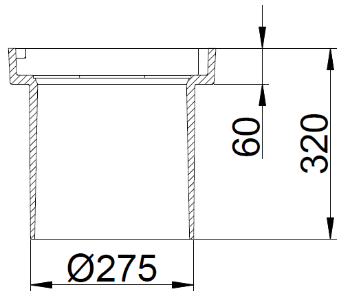 Cross-sectional drawing of a hollow cylindrical part with a top flange; outer diameter 275 mm, overall height 320 mm, inner depth 60 mm.