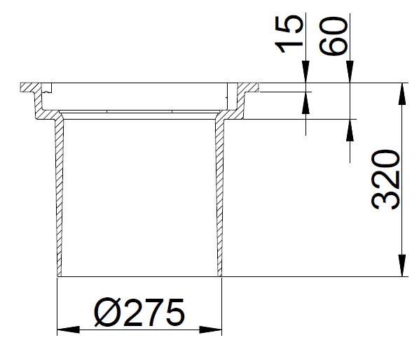 Sectional drawing of a flanged pipe outlet: a hollow cylindrical body with outer diameter 275 mm, total height 320 mm. A flange and stepped feature are shown, with vertical offsets of 15 mm and 60 mm from the flange to the top surface.