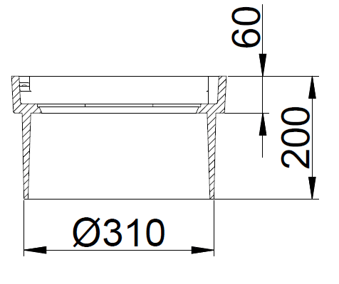 Cross-sectional side view of a hollow cylindrical part: outer diameter Ø310 mm, total height 200 mm, with a top flange/recess of 60 mm.