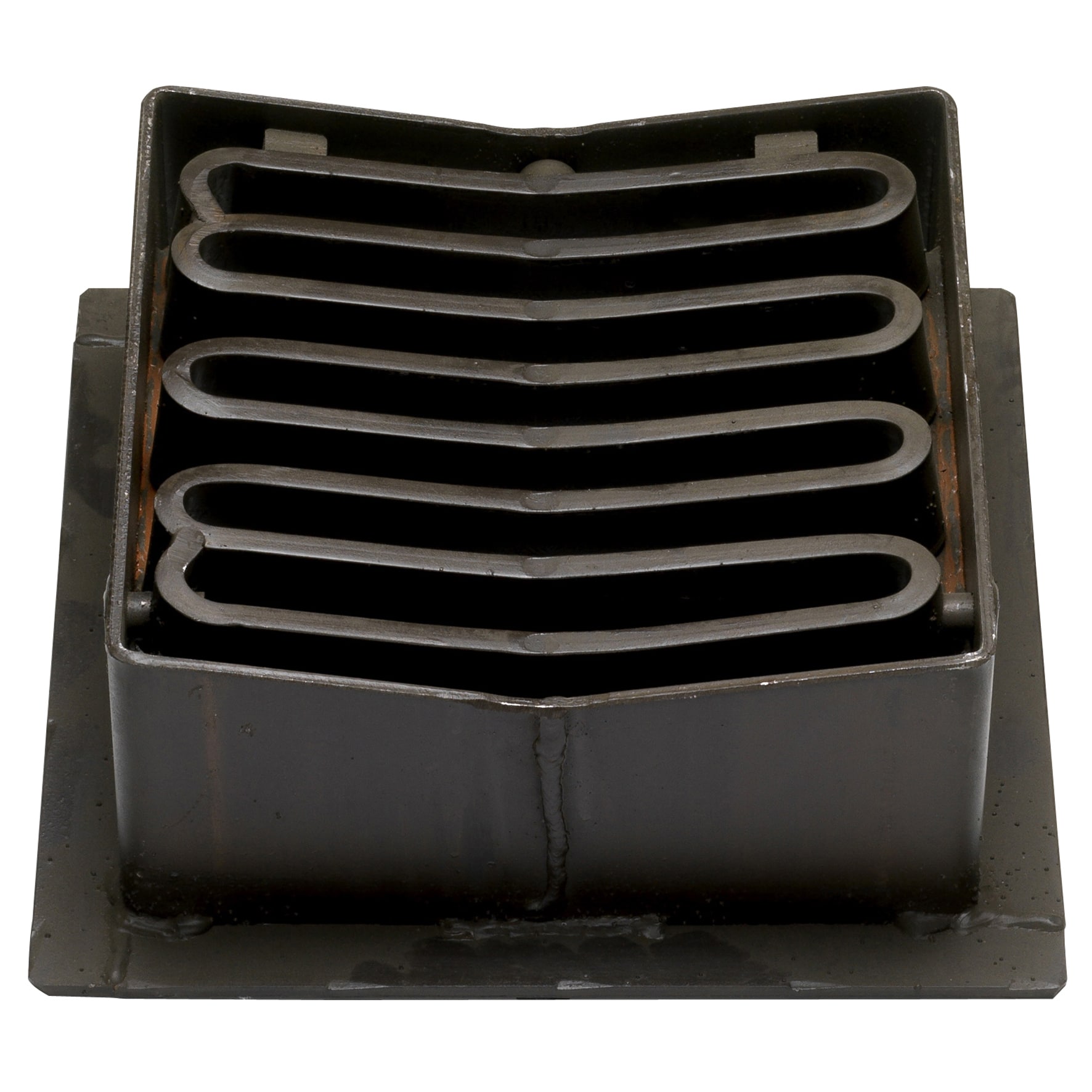 Close-up of a stack of wavy metal heating fins inside a dark rectangular housing (industrial heater element).