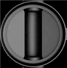 Front view of a black camera lens with outer ring and central barrel.