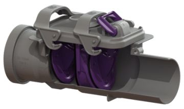 Valve assembly inside a gray pipe, featuring purple interior components and clamp-style mounts for regulating flow in piping system.
