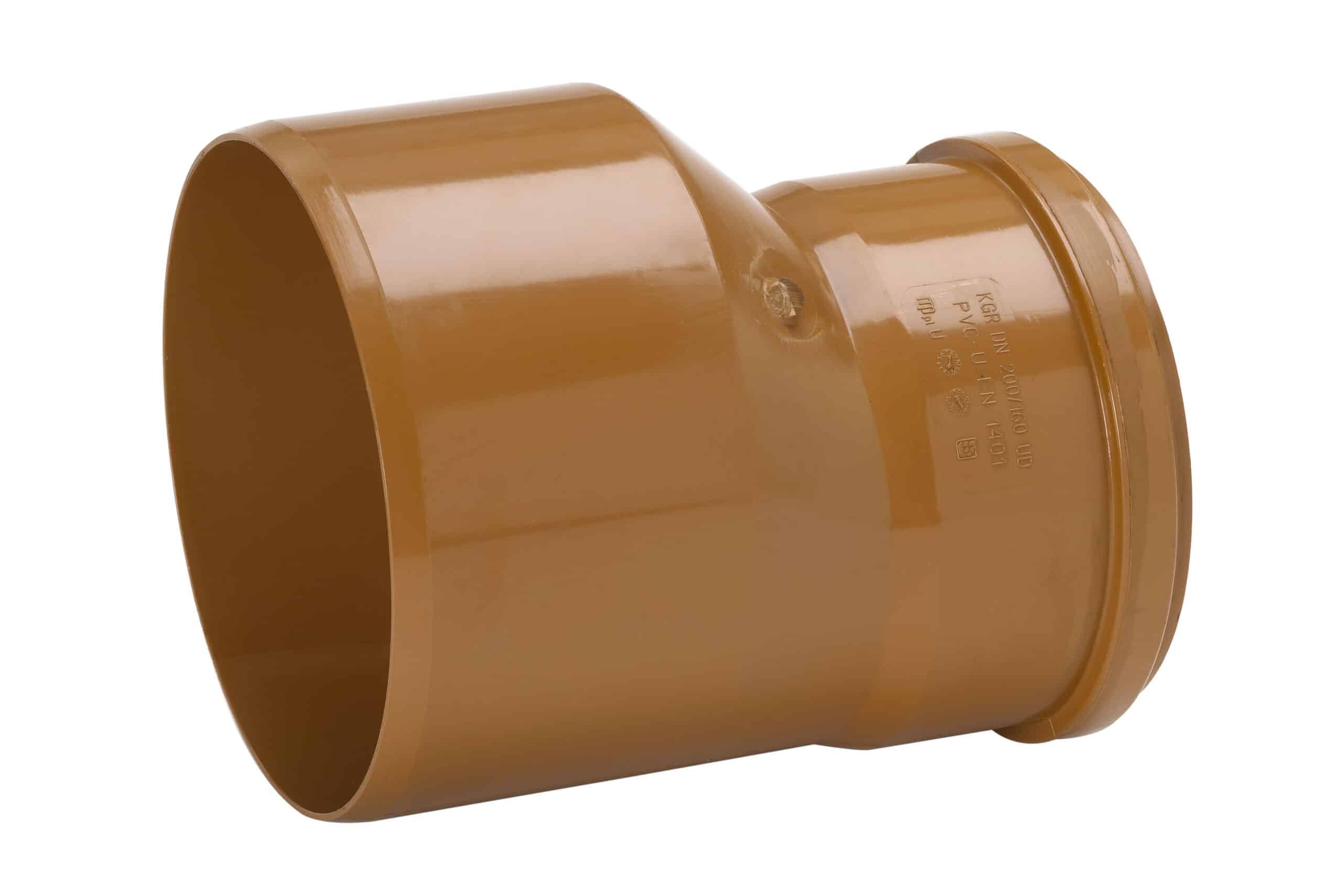 Close-up of an orange PVC pipe fitting/coupling with a small screw fastener visible on the seam
