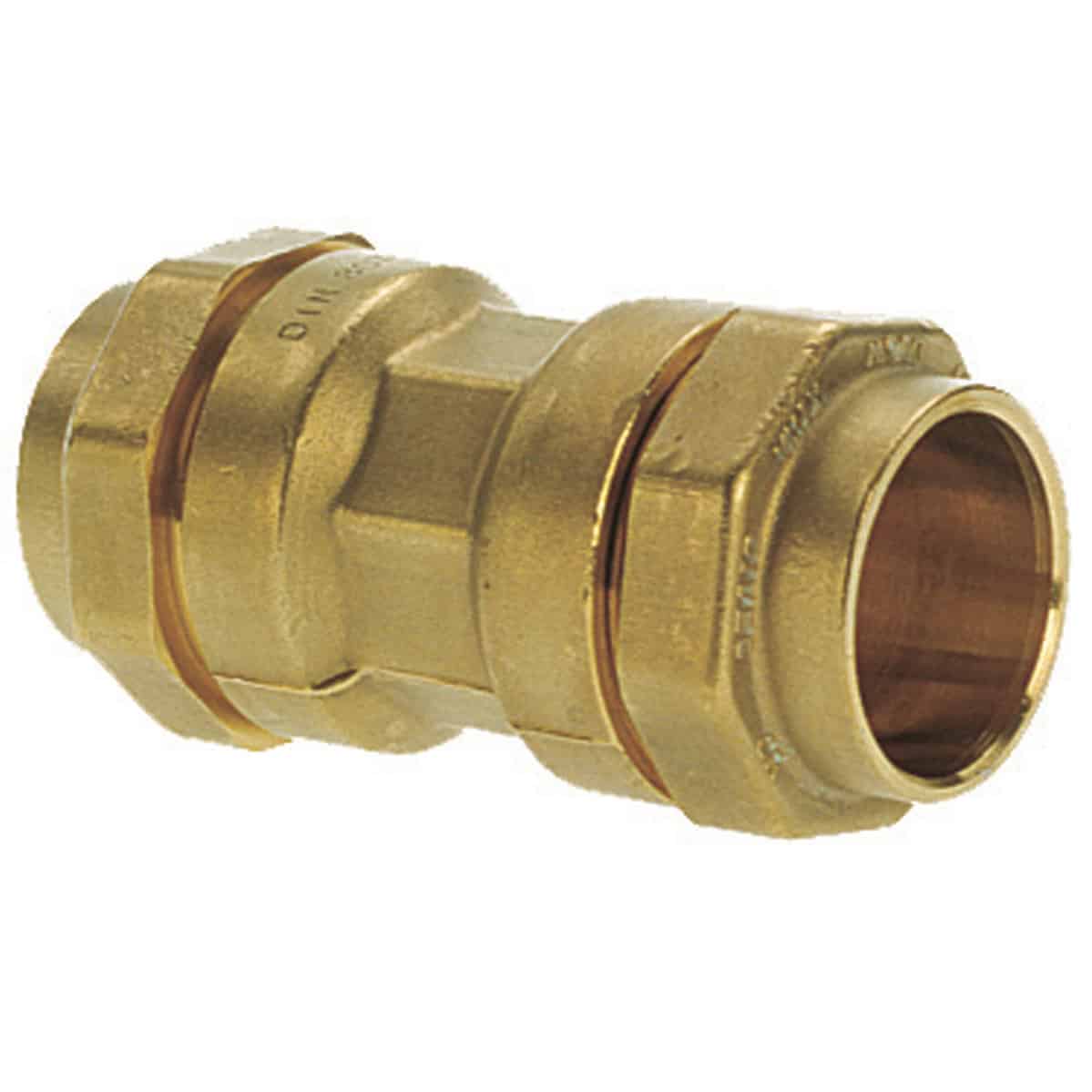 Brass compression pipe coupling with rubber seals, used to join two tubes in plumbing