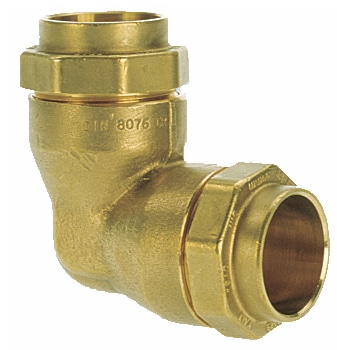 Brass 90-degree pipe elbow with threaded ends for plumbing use.