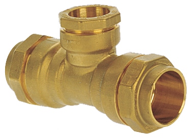 Brass compression tee plumbing fitting with three openings and compression nuts on each end