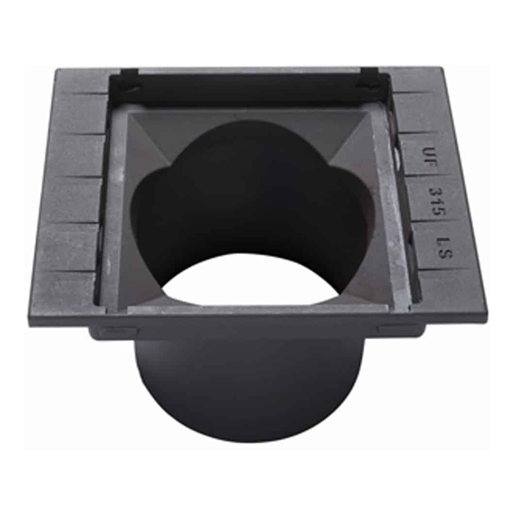 Square-to-round duct adapter with circular outlet below, gray frame and side measurement marks
