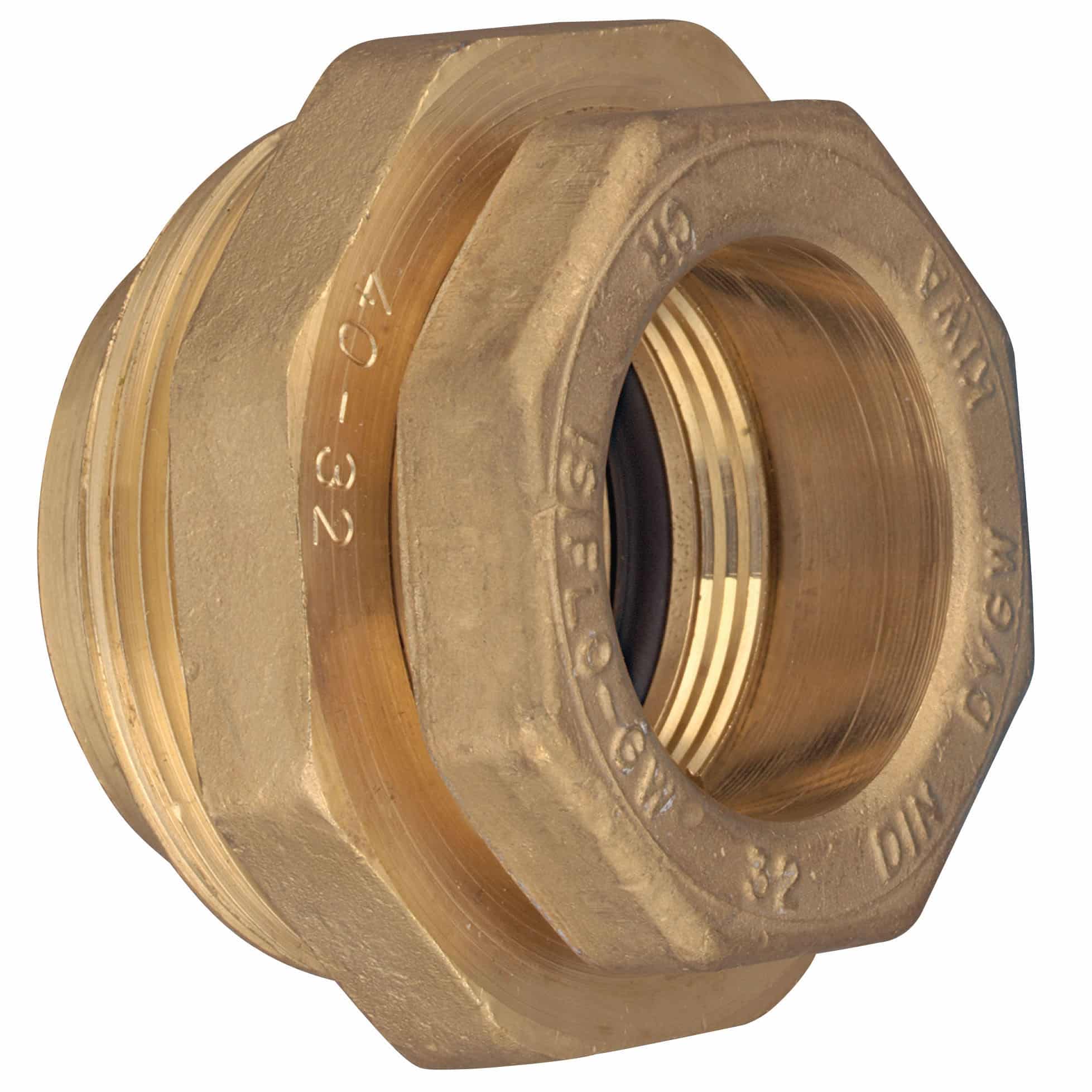 Close-up of a brass threaded nut showing internal threads and worn surface detail.