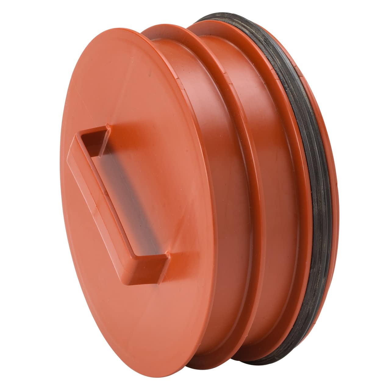 Orange plastic spool with three flanges and a black rubber gasket along the rim.