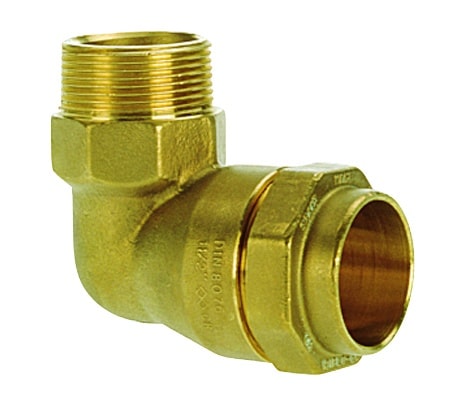 Brass 90-degree plumbing elbow with male thread on one end and a female socket on the other end