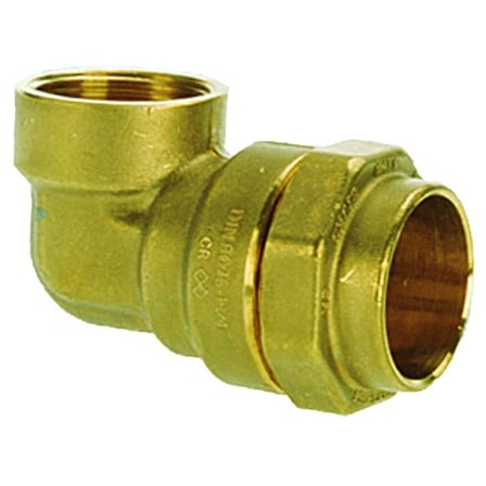 Brass 90-degree elbow compression fitting with female ends for plumbing connections