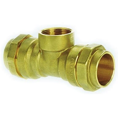 Brass threaded T-shaped plumbing pipe fitting with three openings